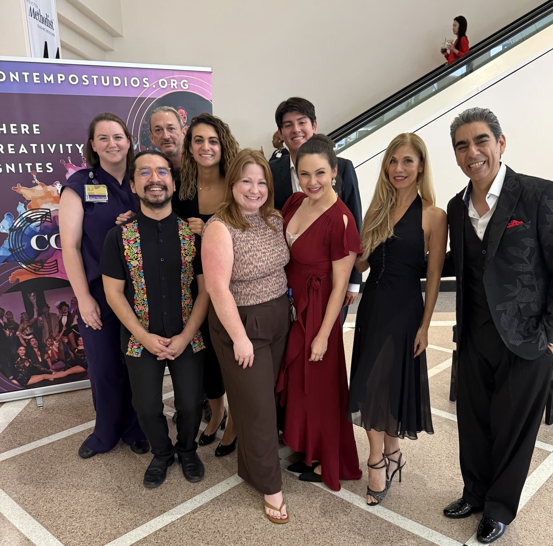 ConTempo performers and a Houston Methodist staff member in the Dunn Tower lobby